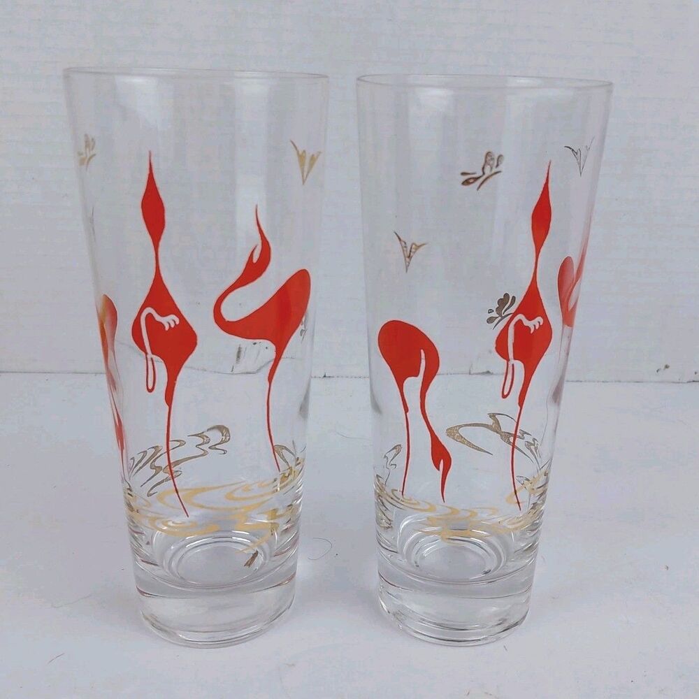 COLLINS 24K Gold Stylized 12oz Flamingo MCM Mod  6.75" Barware Glass Set Of 2
